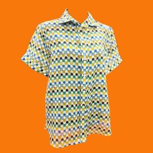 Luxe Linen Layla Geometric Colorful Mod Button Down Short-Sleeve Shirt Small